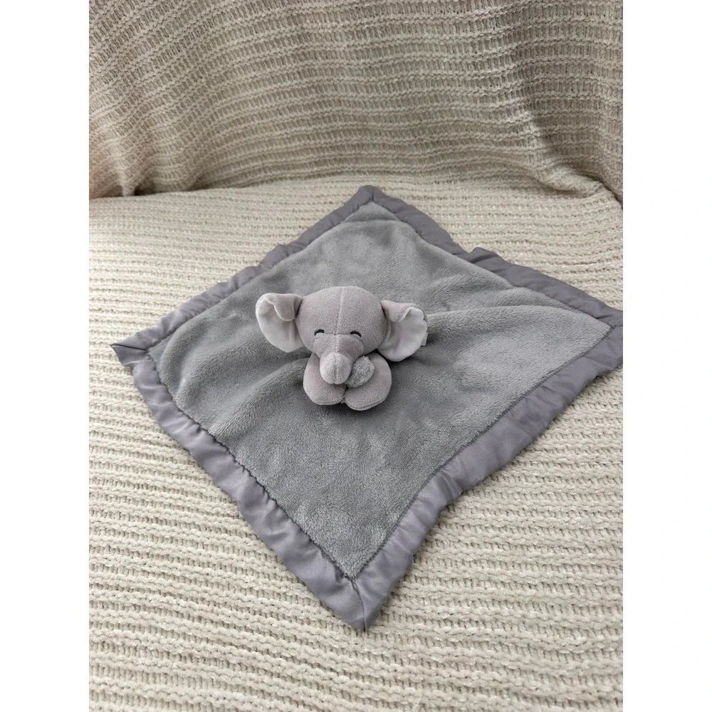 Carters Elephant Security Blanket Gray Plush Satin Trim Lovey Baby Snuggle 14x14
